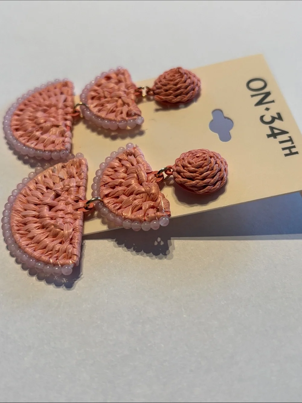 On 34th Gold-Tone Stone Bead & Woven Raffia Drop Earrings in Pink
